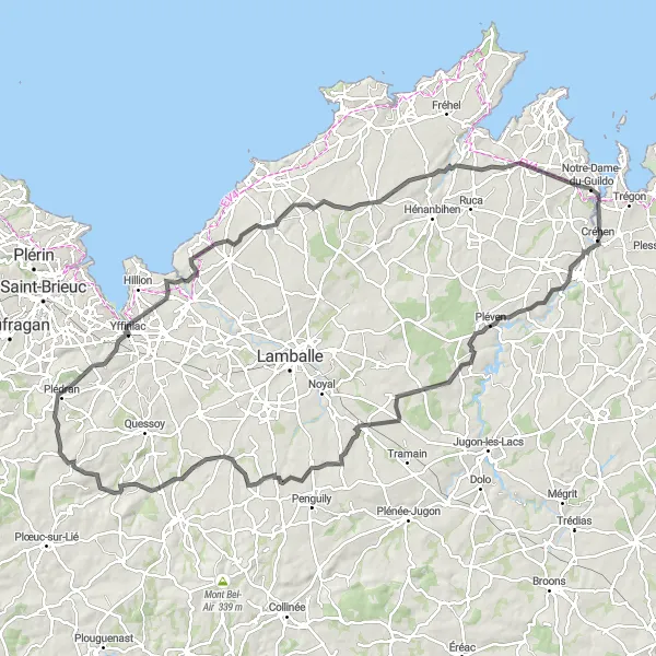 Map miniature of "Crehen Epic Road Cycling Route" cycling inspiration in Bretagne, France. Generated by Tarmacs.app cycling route planner