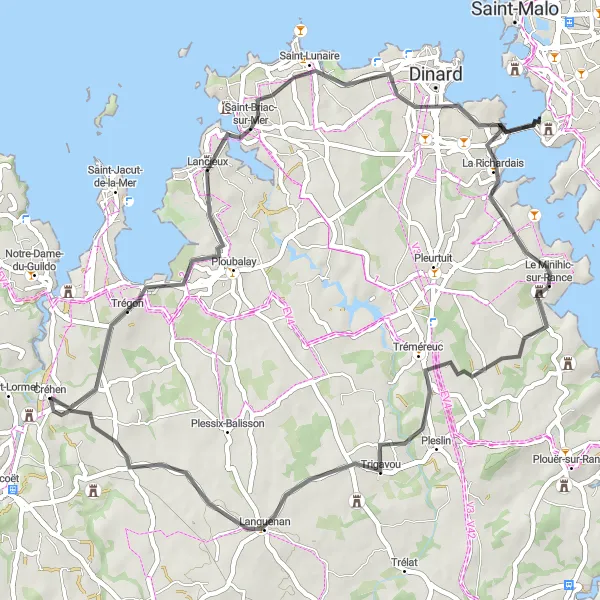 Map miniature of "Crehen Loop Road Cycling Route" cycling inspiration in Bretagne, France. Generated by Tarmacs.app cycling route planner