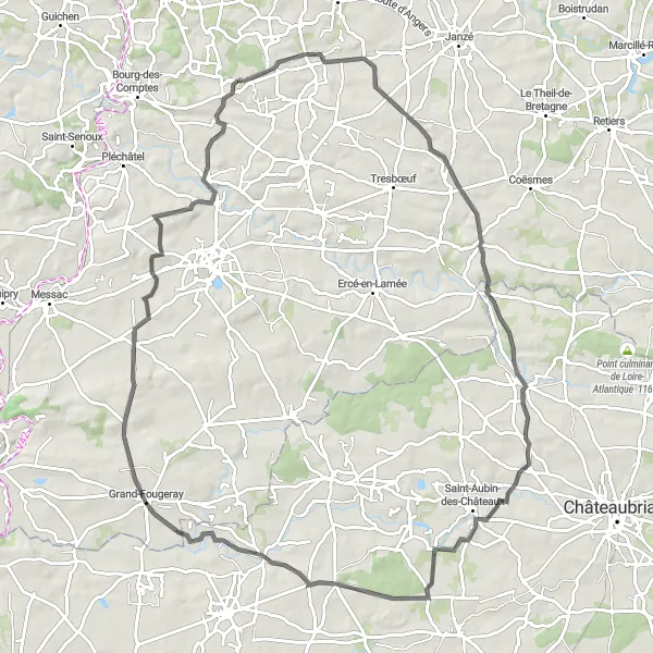 Map miniature of "Crevin Loop" cycling inspiration in Bretagne, France. Generated by Tarmacs.app cycling route planner