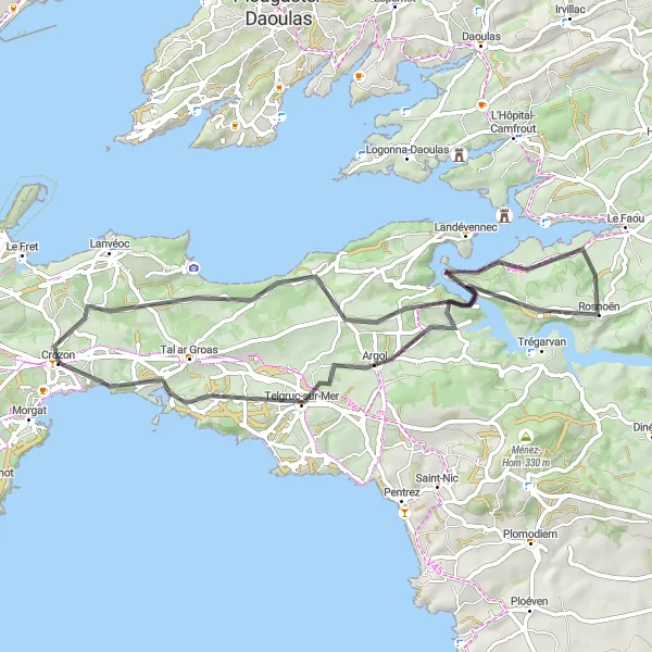 Miniature de la carte de l'inspiration cycliste "Boucle du Belvédère" dans la Bretagne, France. Générée par le planificateur d'itinéraire cycliste Tarmacs.app