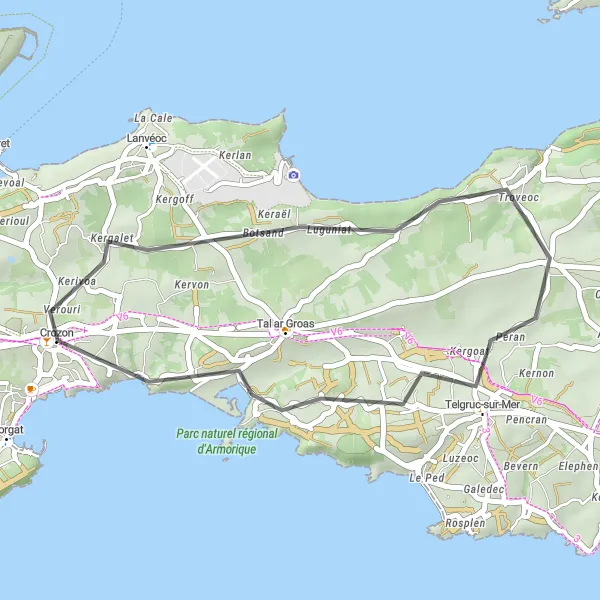 Miniature de la carte de l'inspiration cycliste "Les collines de Crozon" dans la Bretagne, France. Générée par le planificateur d'itinéraire cycliste Tarmacs.app