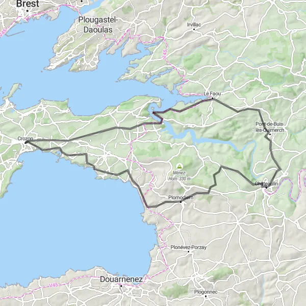 Miniature de la carte de l'inspiration cycliste "Le défi de Landévennec" dans la Bretagne, France. Générée par le planificateur d'itinéraire cycliste Tarmacs.app