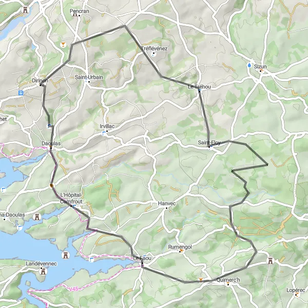 Map miniature of "Dirinon - Tréflévénez - Tréflévénez des Monts d’Arrée au Menez-Hom - Saint-Eloy - Le Faou - Daoulas" cycling inspiration in Bretagne, France. Generated by Tarmacs.app cycling route planner