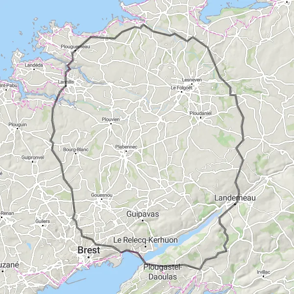 Map miniature of "Road Cycling Route to Landerneau" cycling inspiration in Bretagne, France. Generated by Tarmacs.app cycling route planner