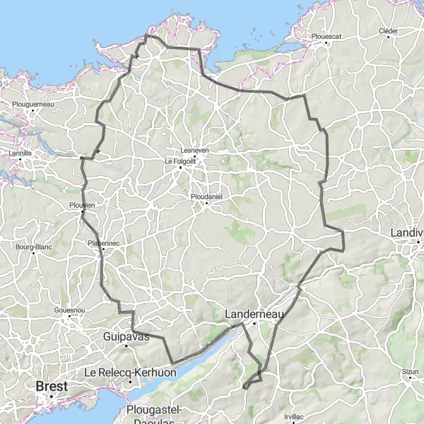 Map miniature of "Scenic Gravel Cycling Route near Dirinon" cycling inspiration in Bretagne, France. Generated by Tarmacs.app cycling route planner