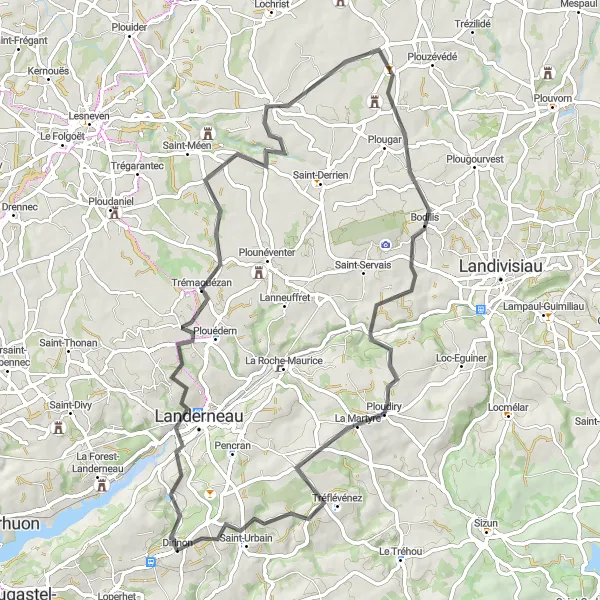 Miniature de la carte de l'inspiration cycliste "Le Tour des Abers" dans la Bretagne, France. Générée par le planificateur d'itinéraire cycliste Tarmacs.app