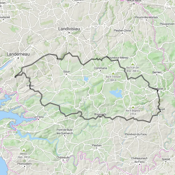 Miniature de la carte de l'inspiration cycliste "Les Monts d'Arrée et Huelgoat" dans la Bretagne, France. Générée par le planificateur d'itinéraire cycliste Tarmacs.app