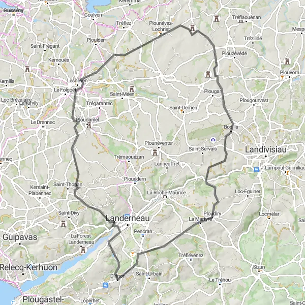 Miniature de la carte de l'inspiration cycliste "Le Circuit des Enclos du Pays de Léon" dans la Bretagne, France. Générée par le planificateur d'itinéraire cycliste Tarmacs.app