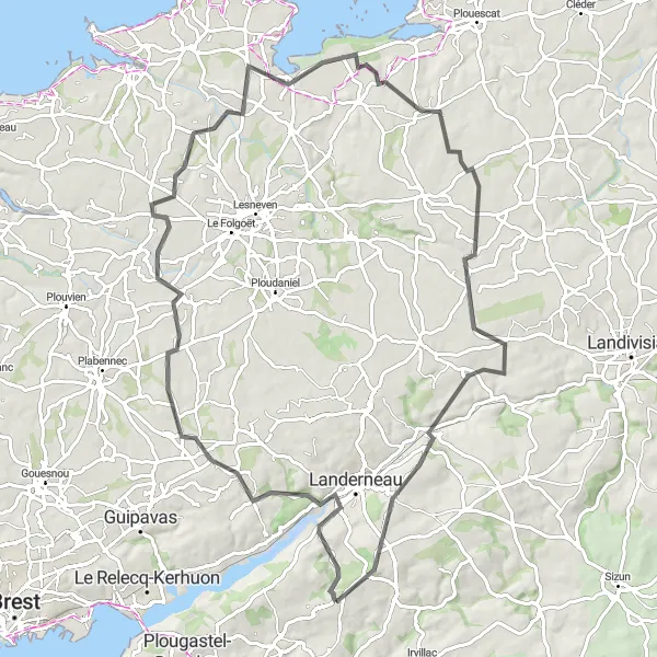 Map miniature of "Dirinon - Saint-Divy - Le Drennec - Saint-Frégant - Plounévez-Lochrist - Saint-Derrien - La Roche-Maurice - Foyer Creac'h Ar Roual" cycling inspiration in Bretagne, France. Generated by Tarmacs.app cycling route planner