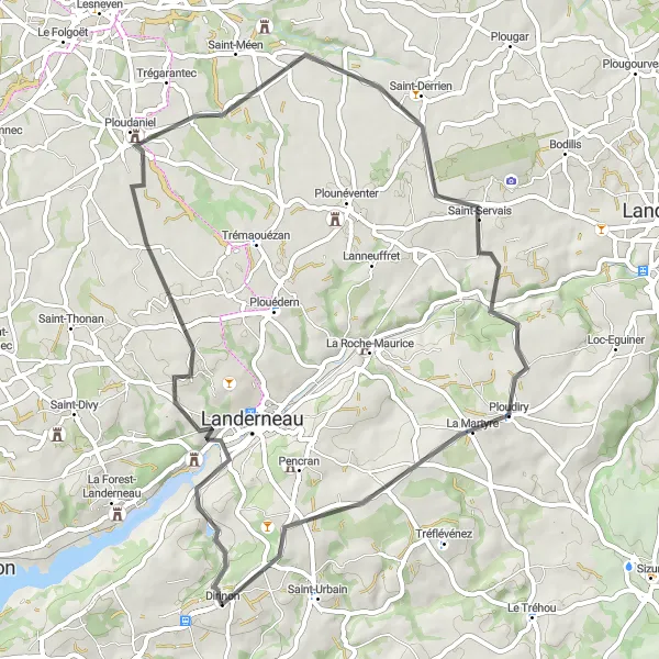 Map miniature of "Dirinon - Rocher de l'Impératrice - Ploudaniel - Saint-Derrien - La Martyre - Bodron" cycling inspiration in Bretagne, France. Generated by Tarmacs.app cycling route planner