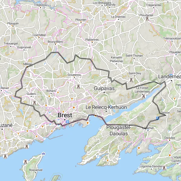 Miniature de la carte de l'inspiration cycliste "Excursion à vélo de Dirinon à Beuzit-Conogan" dans la Bretagne, France. Générée par le planificateur d'itinéraire cycliste Tarmacs.app