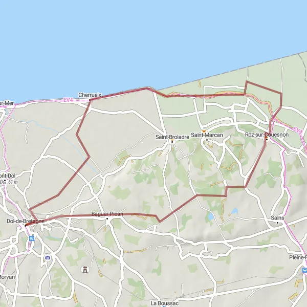 Map miniature of "Cherrueix Gravel Loop" cycling inspiration in Bretagne, France. Generated by Tarmacs.app cycling route planner