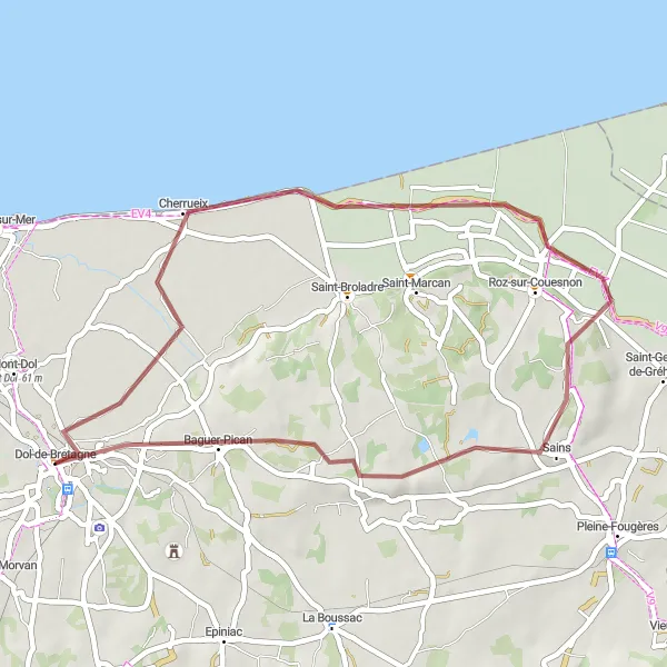 Map miniature of "Dol-de-Bretagne to Baguer-Pican Loop" cycling inspiration in Bretagne, France. Generated by Tarmacs.app cycling route planner