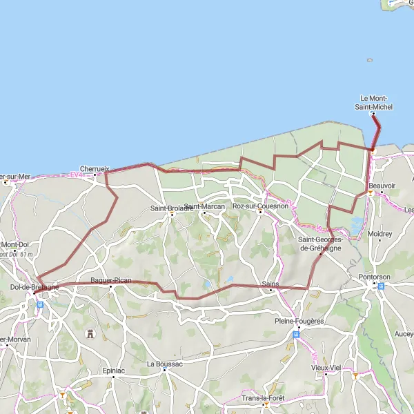 Miniature de la carte de l'inspiration cycliste "Circuit autour du Mont-Saint-Michel" dans la Bretagne, France. Générée par le planificateur d'itinéraire cycliste Tarmacs.app