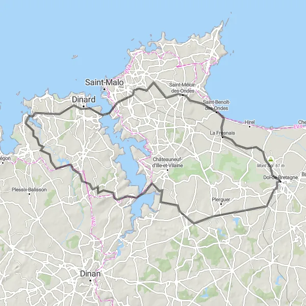 Miniature de la carte de l'inspiration cycliste "Randonnée jusqu'à Saint-Briac-sur-Mer" dans la Bretagne, France. Générée par le planificateur d'itinéraire cycliste Tarmacs.app
