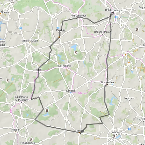 Miniature de la carte de l'inspiration cycliste "Parcours à vélo autour de Dol-de-Bretagne" dans la Bretagne, France. Générée par le planificateur d'itinéraire cycliste Tarmacs.app