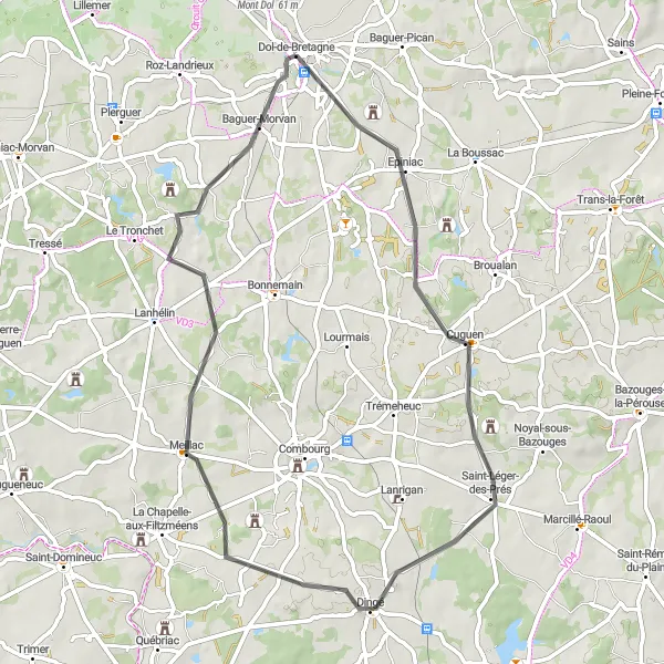 Map miniature of "Cuguen Loop" cycling inspiration in Bretagne, France. Generated by Tarmacs.app cycling route planner