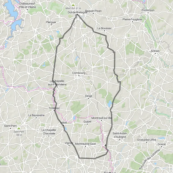 Map miniature of "Dol-de-Bretagne to Lanhélin Loop" cycling inspiration in Bretagne, France. Generated by Tarmacs.app cycling route planner