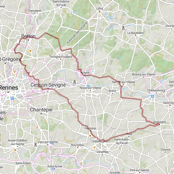 Map miniature of "Gravel Adventure: Domagné to Servon-sur-Vilaine" cycling inspiration in Bretagne, France. Generated by Tarmacs.app cycling route planner