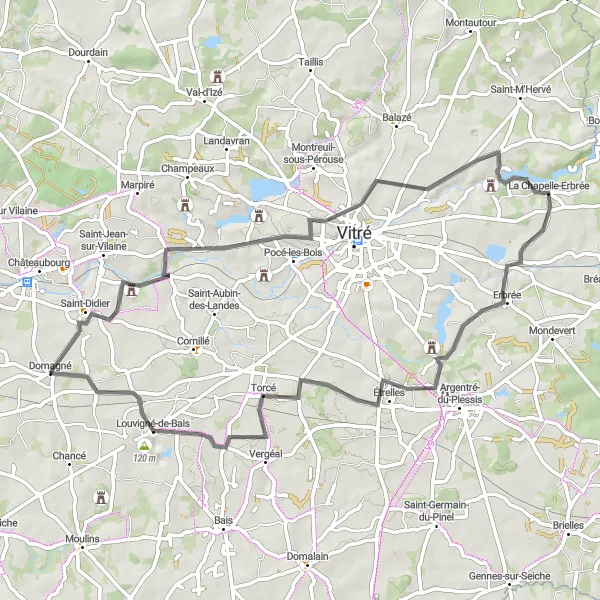 Miniature de la carte de l'inspiration cycliste "Boucle à vélo autour de Domagné" dans la Bretagne, France. Générée par le planificateur d'itinéraire cycliste Tarmacs.app