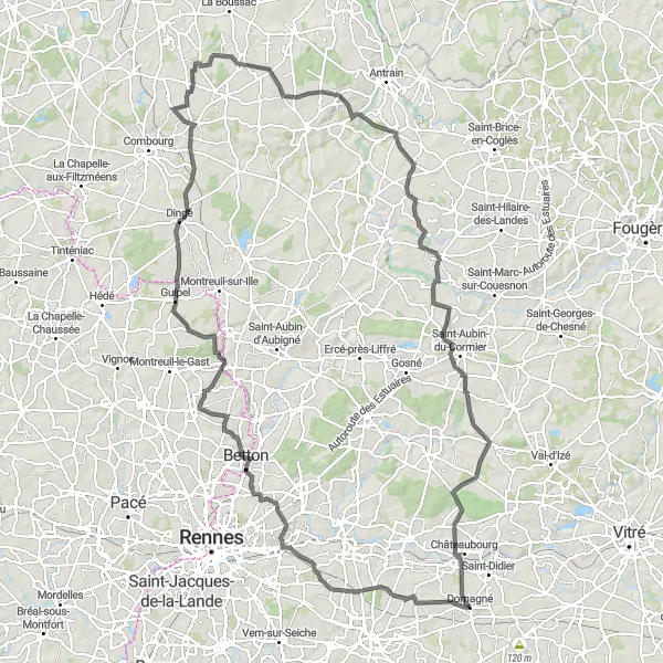 Miniature de la carte de l'inspiration cycliste "Tour épique à travers la campagne bretonne" dans la Bretagne, France. Générée par le planificateur d'itinéraire cycliste Tarmacs.app