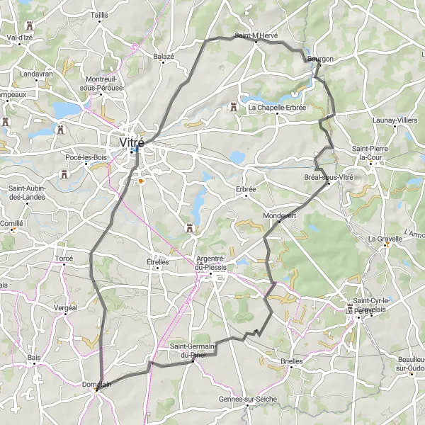 Miniature de la carte de l'inspiration cycliste "Boucle autour de Domalain" dans la Bretagne, France. Générée par le planificateur d'itinéraire cycliste Tarmacs.app