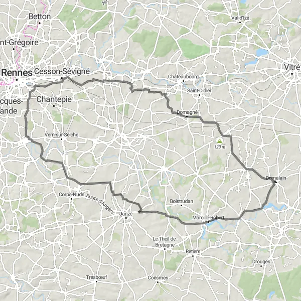 Miniature de la carte de l'inspiration cycliste "Circuit vers Noyal-sur-Vilaine" dans la Bretagne, France. Générée par le planificateur d'itinéraire cycliste Tarmacs.app