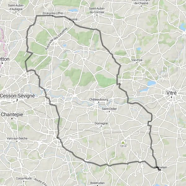 Miniature de la carte de l'inspiration cycliste "Aventure vers Ercé-près-Liffré" dans la Bretagne, France. Générée par le planificateur d'itinéraire cycliste Tarmacs.app