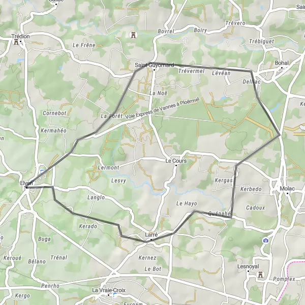 Miniature de la carte de l'inspiration cycliste "Promenade en Campagne" dans la Bretagne, France. Générée par le planificateur d'itinéraire cycliste Tarmacs.app