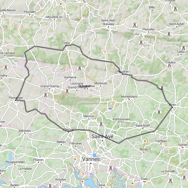 Miniature de la carte de l'inspiration cycliste "Escapade Bretonne" dans la Bretagne, France. Générée par le planificateur d'itinéraire cycliste Tarmacs.app
