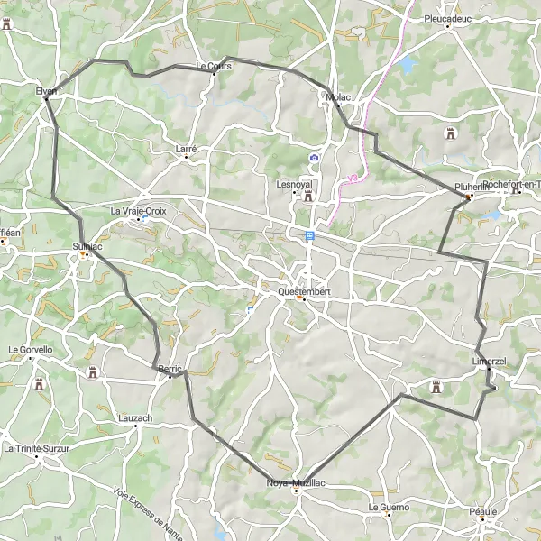 Miniature de la carte de l'inspiration cycliste "Circuit de la Vallée de l'Arz" dans la Bretagne, France. Générée par le planificateur d'itinéraire cycliste Tarmacs.app
