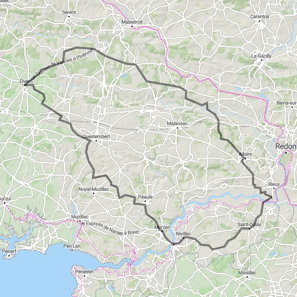 Miniature de la carte de l'inspiration cycliste "Parcours entre Elven et La Vraie-Croix" dans la Bretagne, France. Générée par le planificateur d'itinéraire cycliste Tarmacs.app