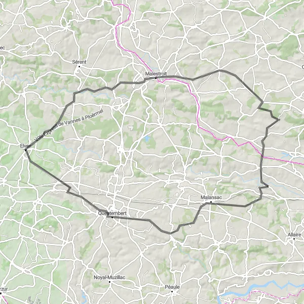 Miniature de la carte de l'inspiration cycliste "Boucle de Malestroit" dans la Bretagne, France. Générée par le planificateur d'itinéraire cycliste Tarmacs.app