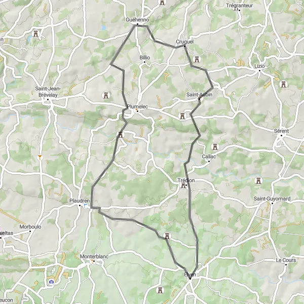 Miniature de la carte de l'inspiration cycliste "Château de Kerfily Loop" dans la Bretagne, France. Générée par le planificateur d'itinéraire cycliste Tarmacs.app