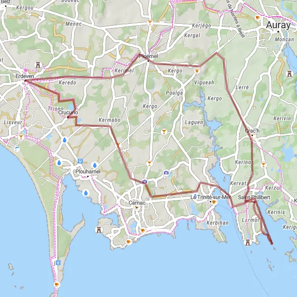 Map miniature of "Coastal Escape: Erdeven to Kerzerho" cycling inspiration in Bretagne, France. Generated by Tarmacs.app cycling route planner