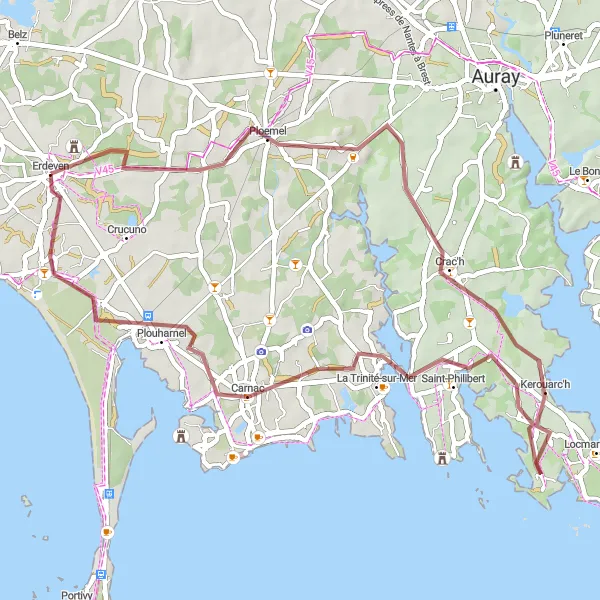 Map miniature of "Erdeven to La Trinité-sur-Mer Gravel Adventure" cycling inspiration in Bretagne, France. Generated by Tarmacs.app cycling route planner