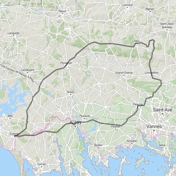 Map miniature of "Coastal Adventure" cycling inspiration in Bretagne, France. Generated by Tarmacs.app cycling route planner