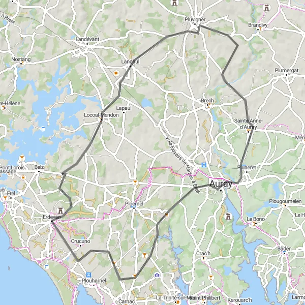 Map miniature of "Inland Delights" cycling inspiration in Bretagne, France. Generated by Tarmacs.app cycling route planner