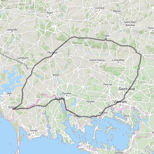 Map miniature of "Erdeven Challenge: Road Cycling Expedition" cycling inspiration in Bretagne, France. Generated by Tarmacs.app cycling route planner