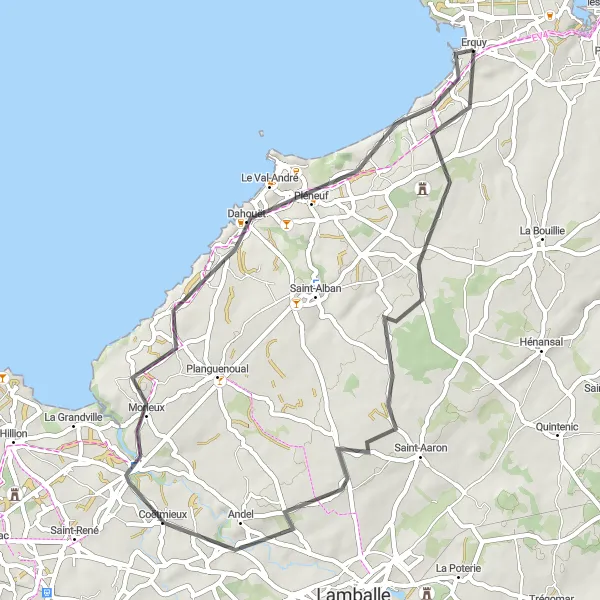 Map miniature of "Bienassis Castle Loop" cycling inspiration in Bretagne, France. Generated by Tarmacs.app cycling route planner