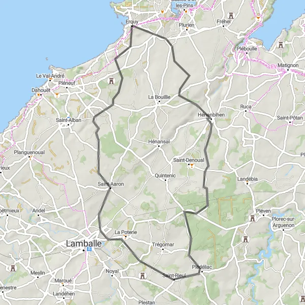 Map miniature of "The Château Tour" cycling inspiration in Bretagne, France. Generated by Tarmacs.app cycling route planner