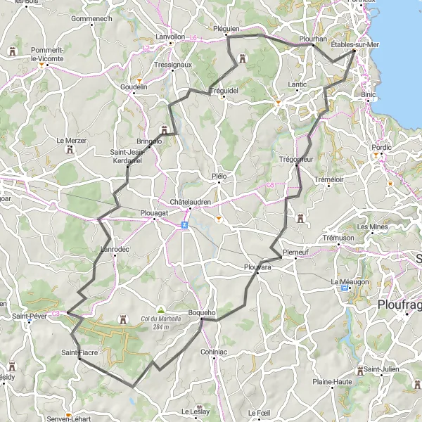 Map miniature of "Étables-sur-Mer to Trégomeur and Bringolo loop" cycling inspiration in Bretagne, France. Generated by Tarmacs.app cycling route planner