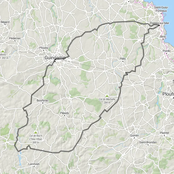 Miniature de la carte de l'inspiration cycliste "Boucle champêtre de Trégomeur à Plourhan" dans la Bretagne, France. Générée par le planificateur d'itinéraire cycliste Tarmacs.app