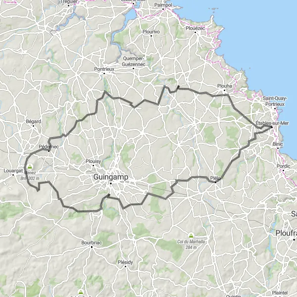 Miniature de la carte de l'inspiration cycliste "Parcours vallonné de Plélo à Étables-sur-Mer" dans la Bretagne, France. Générée par le planificateur d'itinéraire cycliste Tarmacs.app