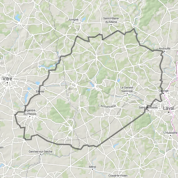 Map miniature of "Étrelles to La Chapelle-Erbrée Loop" cycling inspiration in Bretagne, France. Generated by Tarmacs.app cycling route planner
