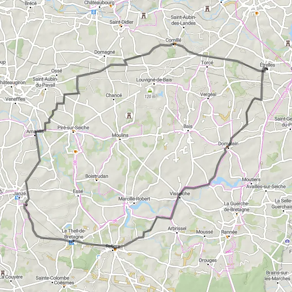 Miniature de la carte de l'inspiration cycliste "Boucle de la Vallée de la Vilaine" dans la Bretagne, France. Générée par le planificateur d'itinéraire cycliste Tarmacs.app