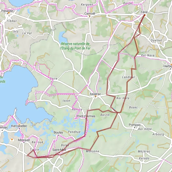 Miniature de la carte de l'inspiration cycliste "Exploration gravier autour de Férel" dans la Bretagne, France. Générée par le planificateur d'itinéraire cycliste Tarmacs.app