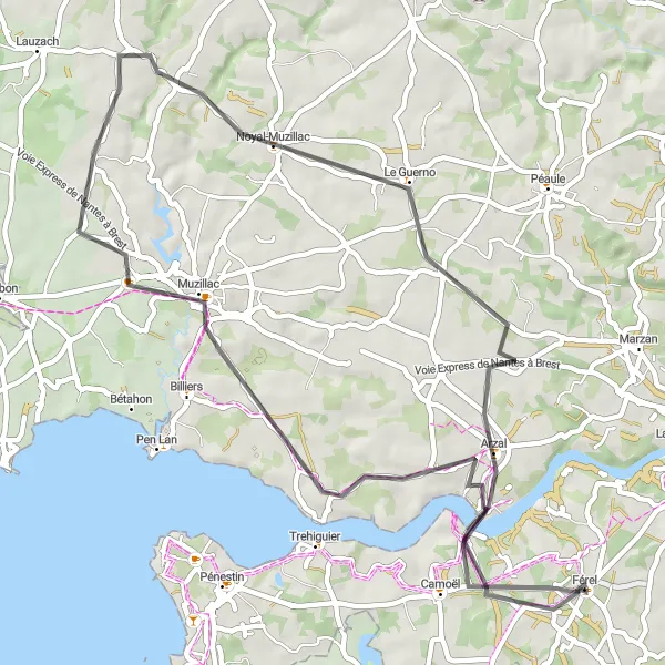 Map miniature of "Scenic Road Loop from Férel to Arzal" cycling inspiration in Bretagne, France. Generated by Tarmacs.app cycling route planner