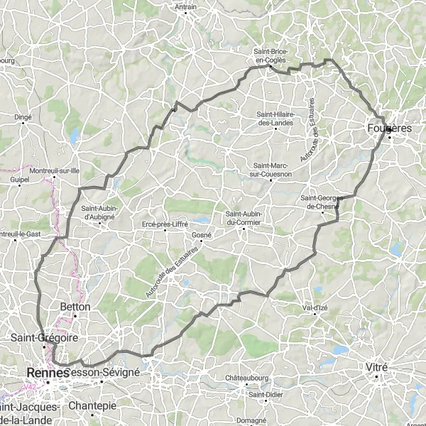 Map miniature of "Challenging Road Cycling Route through Acigné and Saint-Brice-en-Coglès" cycling inspiration in Bretagne, France. Generated by Tarmacs.app cycling route planner