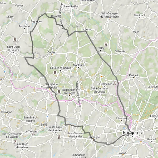 Map miniature of "Scenic Road Cycling Route through Romané and Argouges" cycling inspiration in Bretagne, France. Generated by Tarmacs.app cycling route planner